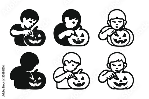 Pumpkin Carving Logos. Children Carving Pumpkins for Halloween. Icon set. Set Logo of Children Carving Pumpkins for Halloween: child hands carving. harmonious