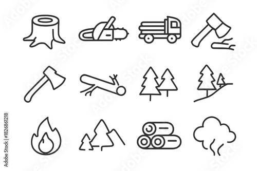 Deforestation Icon Set. Deforestation. Line icon set of deforestation: tree stump, chainsaw, logging truck, axe, fallen tree, cleared land, fire, forest