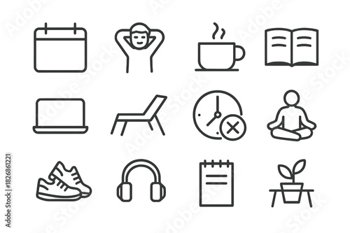 Meeting-Free Day Icons. Meeting-Free Days. Line icon set of Meeting-Free Days: calendar with blank day, relaxed person, coffee cup, open book, laptop closed,