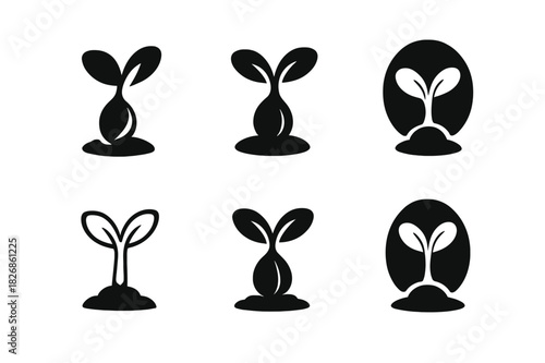 Seed Germination Icons. How seeds germinate. Icon set. Set Logo of How seeds germinate: cotyledons lifting seed husk. harmonious logo variations of the same