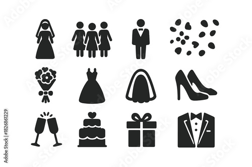 Wedding Icon Set. Wedding ceremony. Solid icon set of Wedding ceremony: bride, bridesmaids, groom, flower petals, bouquet, wedding dress, veil,