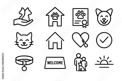 Adopting Strays Icon Set. Adopting strays. Line icon set of adopting strays: pet adoption icon, shelter building, paw certificate, smiling dog, happy cat, home