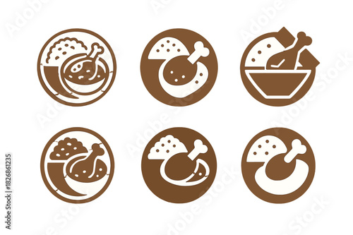 Chicken Curry Icon Set. Cooking a chicken curry with a side of basmati rice. Icon set. Set Logo of cooking a chicken curry with a side of basmati rice: