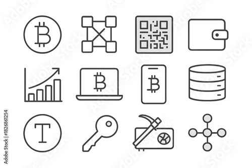 Digital Currency Icons. Digital currency. Line icon set of Digital currency: cryptocurrency coin, blockchain, QR code, digital wallet, exchange chart, laptop,