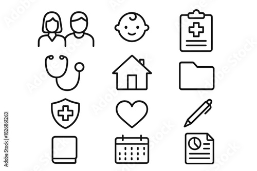 Family Health Icon Set. Family health record. Line icon set of family health record: parents, baby, clipboard, stethoscope, medical cross, home, document