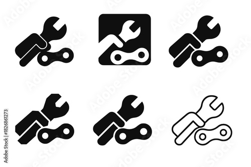 Bicycle Fix Logos. Fixing a bicycle. Icon set. Set Logo of fixing a bicycle: Chain link close-up. harmonious logo variations of the same emblematic concept,