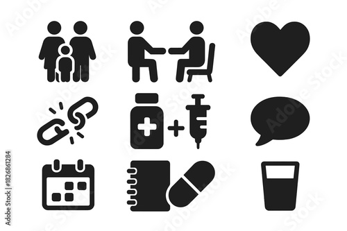 Addiction Support Icons. Addiction support. Solid icon set of Addiction support: family member, person holding hand, counseling, heart, broken chain, medicine