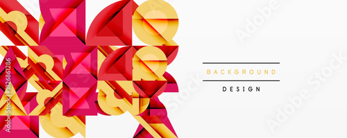 Abstract geometric shapes, vibrant colors, pinks, yellows dominate composition. Modern design element for backgrounds, presentations.