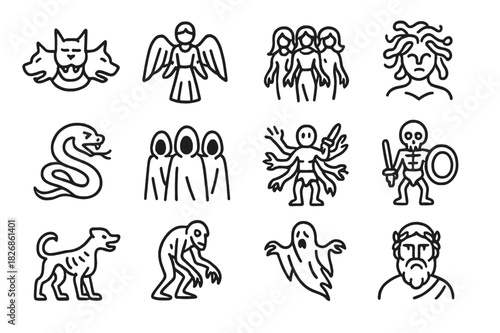 Greek Underworld Icons. Greek underworld creatures. Line icon set of Greek underworld creatures: Cerberus, Harpies, Furies, Gorgons, Chthonic Serpent, Shades,