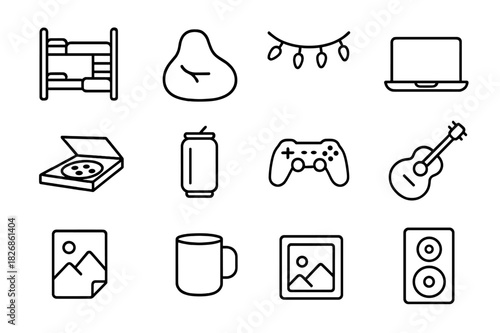 Dorm Room Essentials. Dorm room fun. Line icon set of dorm room fun: bunk bed, bean bag, fairy lights, laptop, pizza box, soda can, game controller, guitar,