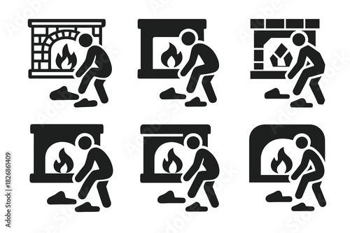 Stylish Slipper Logos. Putting on indoor slippers. Icon set. Set Logo of putting on indoor slippers: slippers next to fireplace. harmonious logo variations of