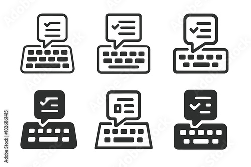 Conference Call Logos. Taking notes during a conference call. Icon set. Set Logo of Taking notes during a conference call: keyboard with note bubble.