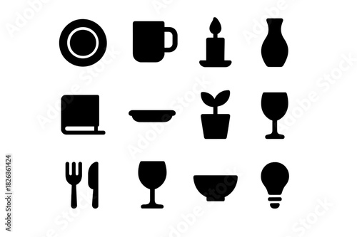 Table Icon Grid. Table arrangement. Solid icon set of table arrangement: plate, mug, candle, vase, book, tray, plant, cutlery, glass, bowl, napkin, light bulb.