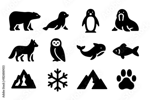 Arctic Wildlife Icons. Arctic wildlife. Solid icon set of arctic wildlife: polar bear, seal, penguin, walrus, arctic fox, snowy owl, whale, fish, iceberg,