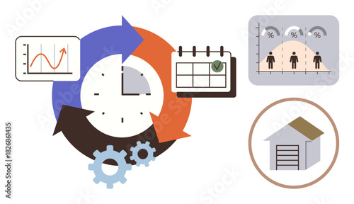 Clock with circular arrows, calendar, charts, gears, people, and storage building. Ideal for time management, productivity resource planning data analysis teamwork efficiency and workflows. Flat