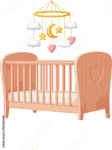 Cute Baby Crib and Mobile Vector Illustration Wooden Cot with Bedding and Hanging Decoration of Stars, Moon, and Clouds for Nursery Room..