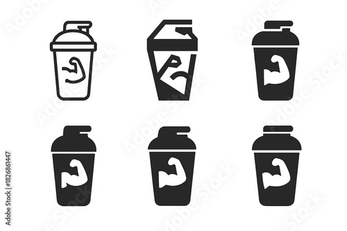 Sports Nutrition Logos. Sports nutrition. Icon set. Set Logo of Sports nutrition: Protein shake. harmonious logo variations of the same emblematic concept