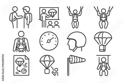 Parachute Training Icons. Parachute training. Line icon set of Parachute training: instructor, student, classroom, mock jump, harness fitting, altimeter,