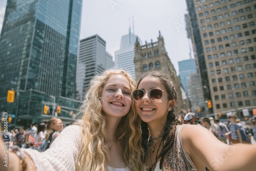 Friends Enjoy a Sunny Day Taking Selfies in a Bustling City Center With Skysc...