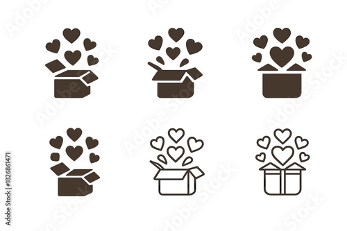 Romantic Icon Set. Romantic spontaneity in long-term relationships. Icon set. Set Logo of romantic spontaneity in long-term relationships: gift box opening