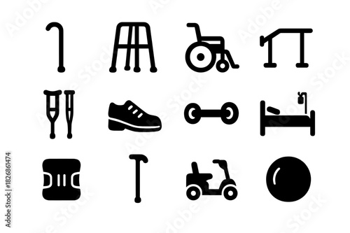 Elderly Mobility Icons. Elderly mobility support. Solid icon set of Elderly mobility support: walking cane, walker, wheelchair, handrail, crutches, orthopedic