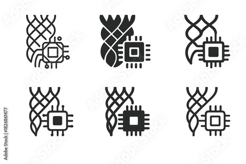 Smart Textiles Icons. Smart textiles. Icon set. Set Logo of smart textiles: textile fiber connected to a microchip. harmonious logo variations of the same