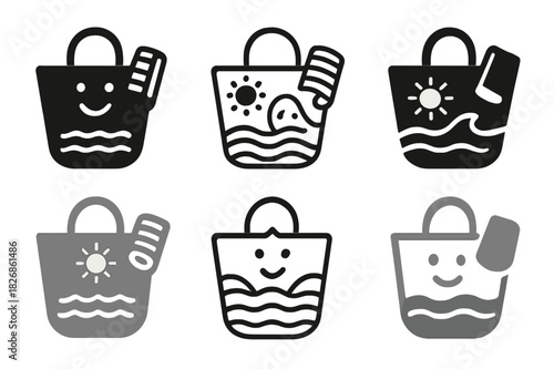 Beach Bag Icon Set. Packing a beach bag. Icon set. Set Logo of packing a beach bag: cheerful bag with sun, waves, and towel motif. harmonious logo variations