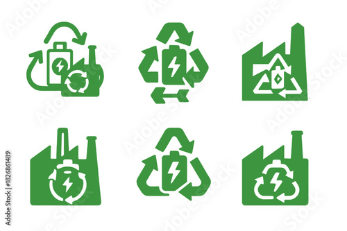 Sustainable Battery Recycling Logos. Sustainable battery recycling. Icon set. Set Logo of sustainable battery recycling: eco-friendly battery factory icon.