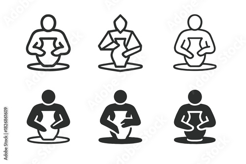 Art Tool Variations. Fine art techniques and tools. Icon set. Set Logo of Fine art techniques and tools: pottery wheel shaping vase. harmonious logo variations