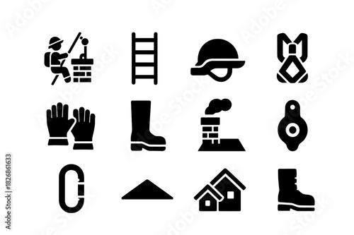 Firefighter Rappelling Icons. Rappelling from chimney. Solid icon set of Rappelling from chimney: rope, firefighter, harness, helmet, ladder, gloves, boots,