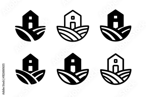 Smallholder Farming Icons. smallholder farming. Icon set. Set Logo of smallholder farming: farm house and field. harmonious logo variations of the same
