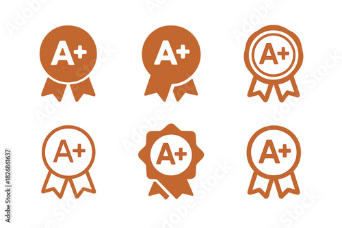 Grading System Icons. Online grading system. Icon set. Set Logo of Online grading system: A+ badge emblem. harmonious logo variations of the same emblematic