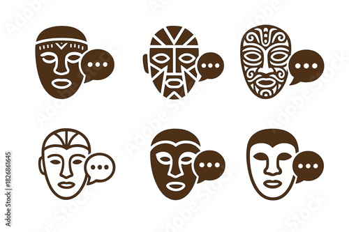Storytelling Night Icons. Cultural storytelling nights. Icon set. Set Logo of storytelling nights: traditional mask and speech icons. harmonious logo