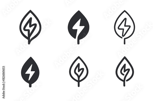Renewable Energy Icons. renewable energy credits. Icon set. Set Logo of renewable energy credits: biomass leaf bolt. harmonious logo variations of the same