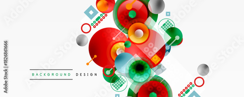 Abstract colorful design. Circles, squares, lines create dynamic composition. Modern background for various projects. Bright, vibrant elements.