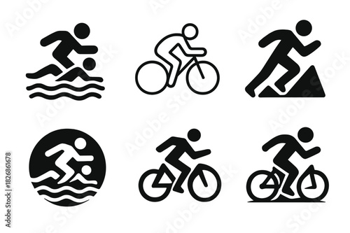 Triathlon Logo Variations. Triathlon. Icon set. Set Logo of triathlon: water, road, and trail symbols. harmonious logo variations of the same emblematic