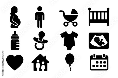 Baby Anticipation Icons. Anticipating baby. Solid icon set of Anticipating baby: pregnant mother, father, baby stroller, crib, baby bottle, pacifier, onesie,