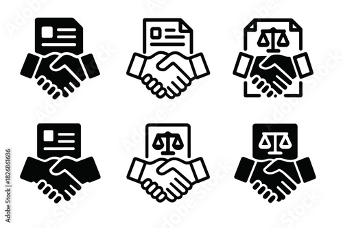 Legal Representation Icons. Representation in civil court cases and legal settlements. Icon set. Set Logo of representation in civil court cases and legal