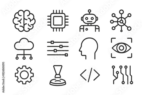AI Icon Set. Artificial intelligence. Line icon set of artificial intelligence: brain, microchip, robot, neural network, cloud connection, data flow, head
