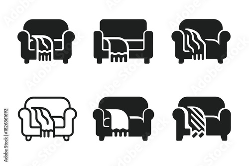 Family Movie Icon Set. Organizing a family movie marathon. Icon set. Set Logo of Organizing a family movie marathon: cozy couch with blanket. harmonious logo