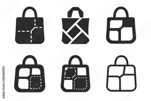 Recycling Innovation Logos. Plastic recycling and upcycling innovations. Icon set. Set Logo of Plastic recycling and upcycling innovations: upcycled tote bag