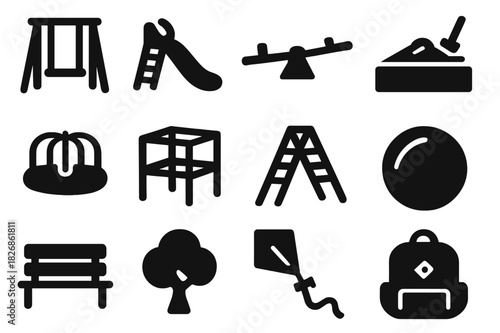 Playground Icon Collection. Playground Fun. Solid icon set of swing, slide, seesaw, sandbox, merry-go-round, jungle gym, climbing frame, ball, bench, tree,