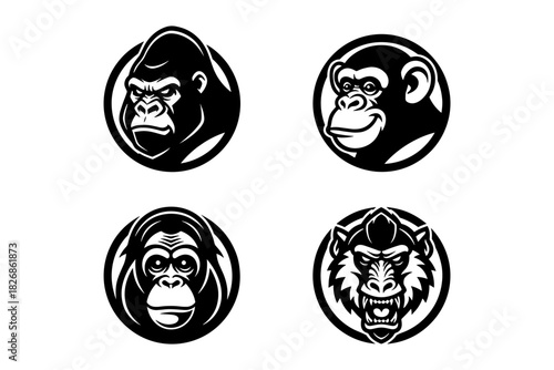 Set of four stylized ape and monkey head illustrations in black