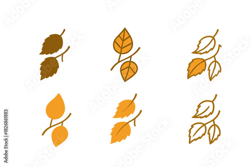 Autumn Leaves Icons. Autumn leaves. Icon set. Set Logo of Autumn leaves: birch leaves on twig. harmonious logo variations of the same emblematic concept, each