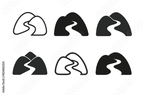 Trail Logo Variations. Trail. Icon set. Set Logo of trail: winding path through hills. harmonious logo variations of the same emblematic concept, each with