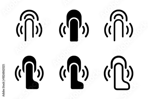Haptic Interaction Icons. Haptic communication. Icon set. Set Logo of haptic interaction: fingertip with vibration lines. harmonious logo variations of the