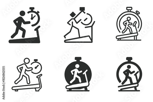 Treadmill Logo Variations. Treadmill workout. Icon set. Set Logo of treadmill workout: treadmill and stopwatch. harmonious logo variations of the