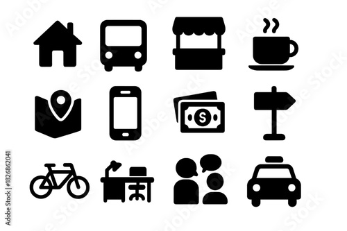 Abroad Life Icons. Daily life abroad. Solid icon set of daily life abroad: home, bus, market stall, coffee cup, map, smartphone, money, local sign, bicycle,