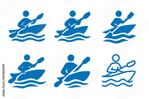 Water Sports Icons. Water sports. Icon set. Set Logo of water sports: kayaker paddling through flowing water. harmonious logo variations of the same emblematic