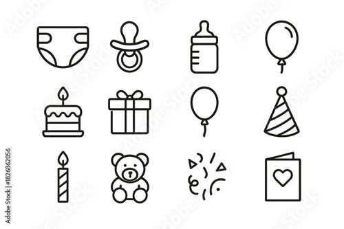 Baby Party Icons. Baby party essentials. Line icon set of Baby party essentials: diaper, pacifier, baby bottle, rattle, cake, gift box, balloon, party hat,